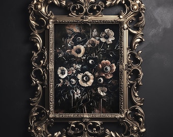 Eyes in moody dark flowers print, strange floral witchy decor, mystical eye poster, macabre gothic  printable, vintage wild dark academia
