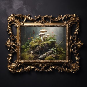 Mushrooms in deep forest print, woodland mushroom on a stump, moody moss wall print, floral dark academia printable, сottagecore fall decor