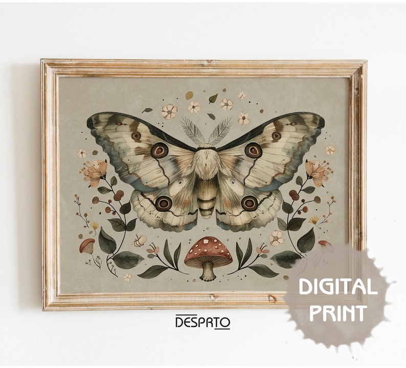 Retro Boho Sage Green Butterfly Print, Vintage Moody Moth Wall Decor ...