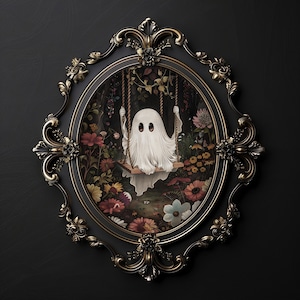 Cute ghost on swing in white flower woods print, dark academia, victorian gothic spooky decor, horror vintage creepy goth wall art painting