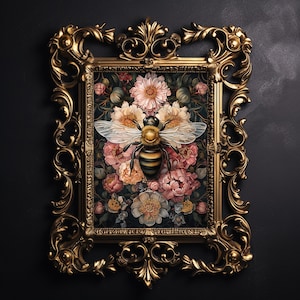 Wilde Waldbiene in dunkler Blume, launischer Hummeldruck, botanische druckbare, florale dunkle Academia, Cottagecore-Wandkunst, Vintage-Plakat