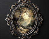Moon and stars night in the forest, dark academia printable, gothic witchy aesthetic, woods wall decor, moody painting print, сottagecore