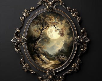 Moon and stars night in the forest, dark academia printable, gothic witchy aesthetic, woods wall decor, moody painting print, сottagecore