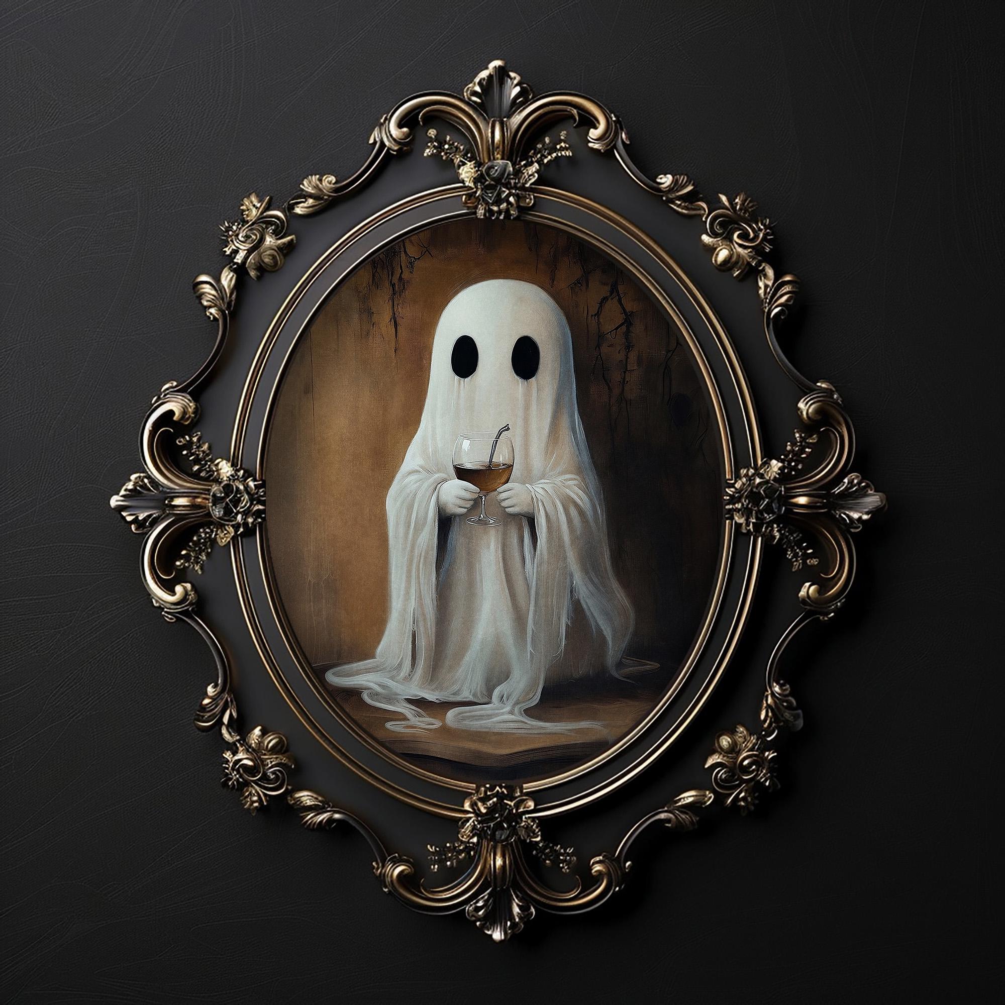 Ghost Drinking Wine Cocktail Print, Ghost Bar Whimsical Dark