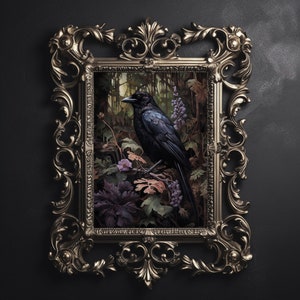 Raven in Floral Forest Print, Dark Academia Gothic Decor (Digital Download)