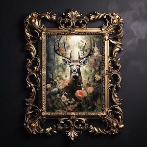 Woodland deer a forest wall print, floral fawn forestcore dark academia, cottagecore printable,  farmhouse aesthetic decor, oil painting