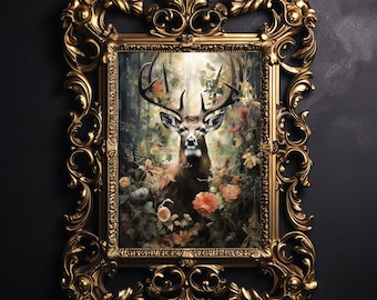 Floral Deer Forest Print, Dark Academia Cottagecore Decor (Digital Download)