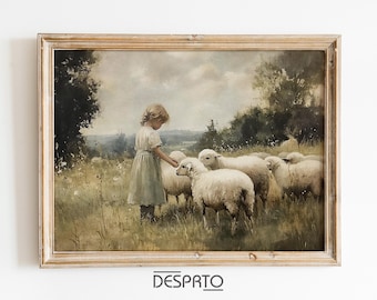 Shepherdess and Lambs Antique Print, Rustic Cottagecore Wall Art (Digital Download)