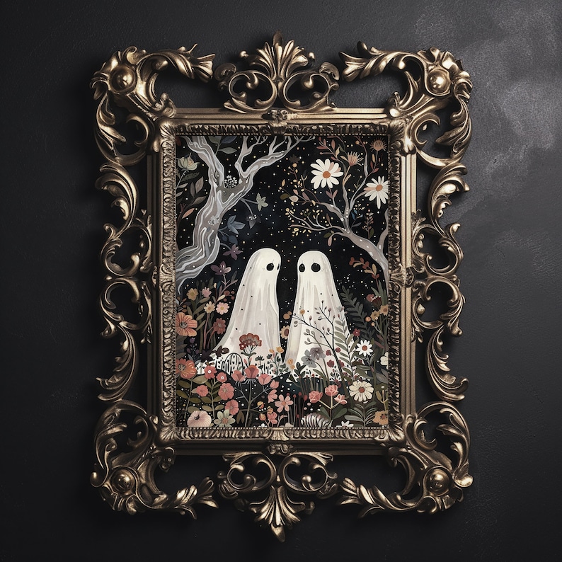 May include: A gold ornate frame with a painting of two white ghosts in a forest with flowers. The ghosts are facing each other and the background is dark blue with stars.