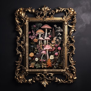 Setas de fantasía del bosque, impresión de pared de setas de musgo de mal humor, academia oscura floral, imprimible de Halloween, cartel vintage, pintura al óleo gótica