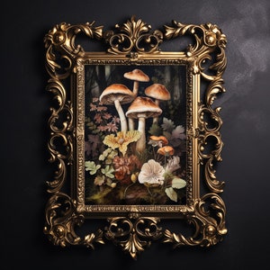Woodland mushrooms, mushrooms in an autumn forest, moody moss wall print, floral dark academia printable, сottagecore fall decor