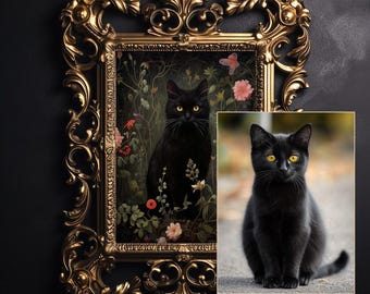 May include: A black cat with bright yellow eyes sits in a gold ornate frame. The cat is surrounded by a floral background with red, pink, and white flowers. The frame is on a dark background.