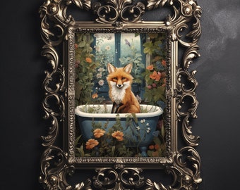 Fox in bathroom print, fox in tub flower decor, botanical bath bathtub vintage poster, wild animal dark academia printable, digital