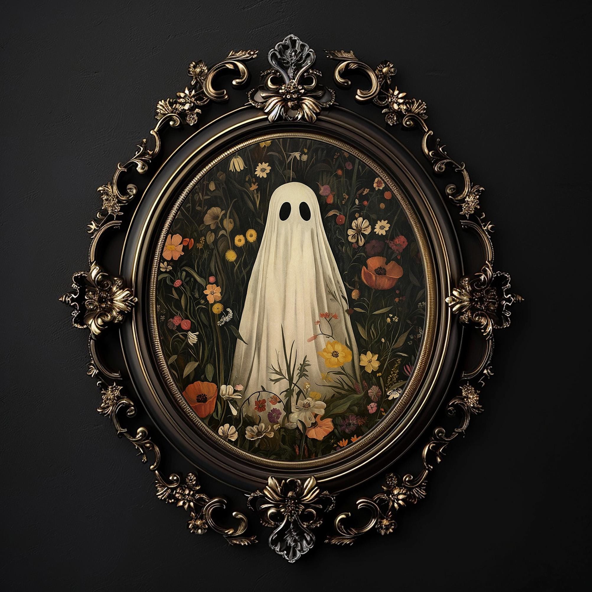 Floral ghost portrait print, halloween printable, spooky decor, vintage poster, gothic painting, ghost flower wall art digital dark academia