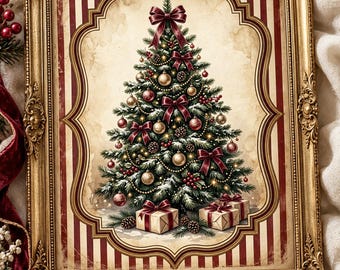 Vintage Christmas Tree Wall Art, Victorian Christmas Printable, Burgundy Christmas, Digital Download
