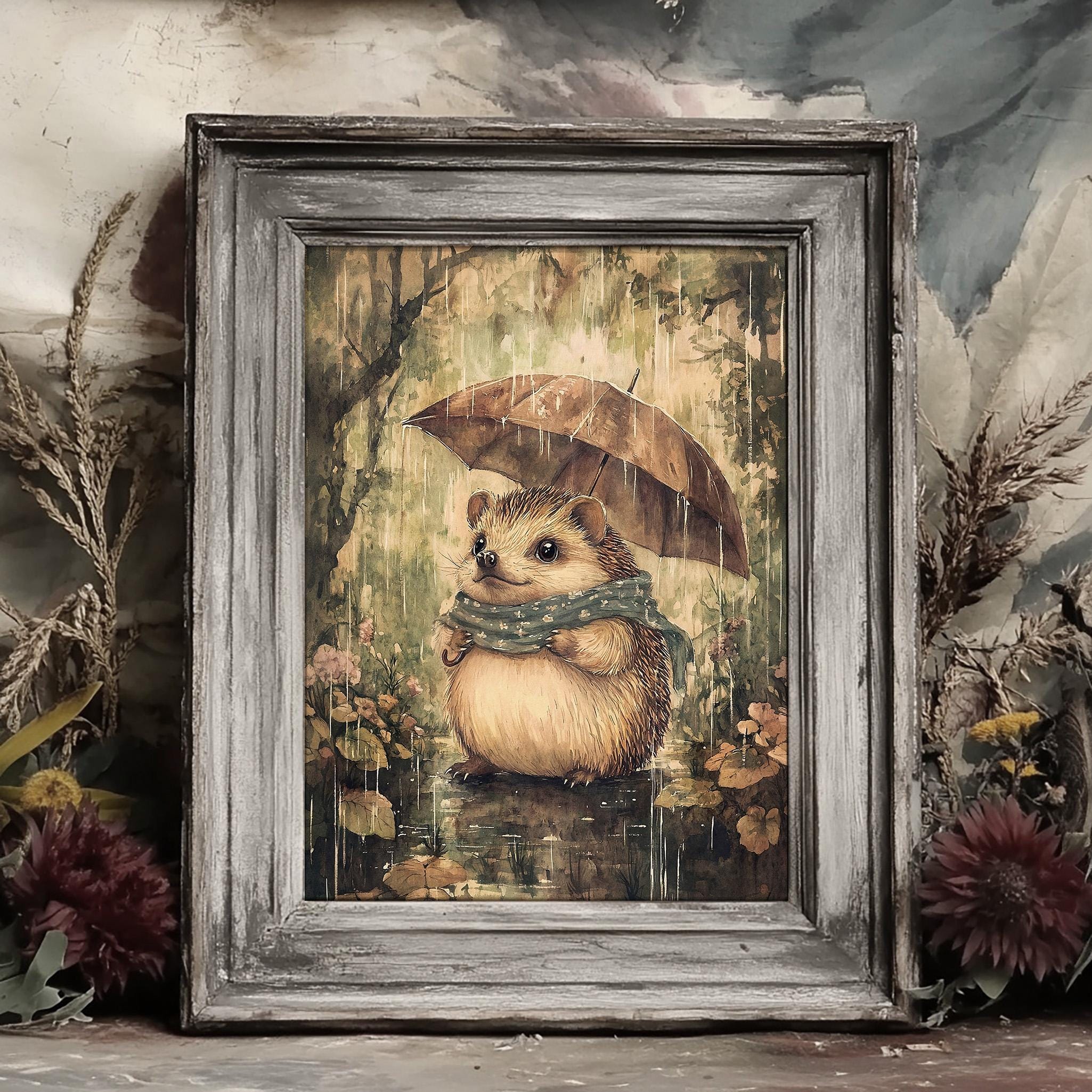熱帯雨林のハリネズミの壁画、アンティーク絵画、森の動物のフォレスト