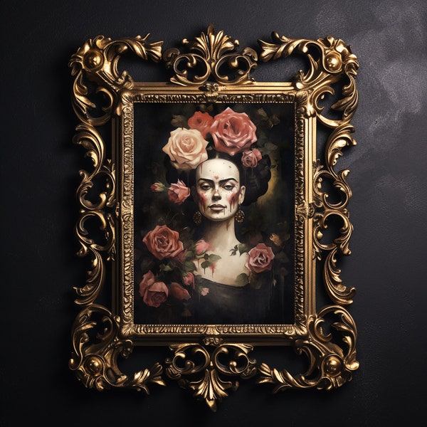 Dracula's woman, dark floral frida kahlo portrait print, flower dark academia decor, botanical halloween printable, gothic painting