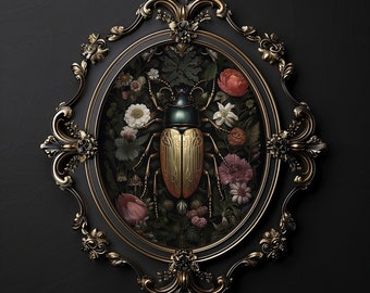 Gold beetle in dark flower garden, moody bug print, scarab printable, bug dark academia, cottagecore wall art, beetle vintage poster