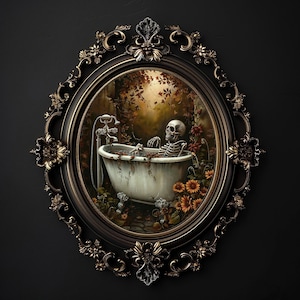 Floral skeleton taking a bath print, dark academia, halloween printable, spooky decor, vintage poster, gothic oil painting, flower skull