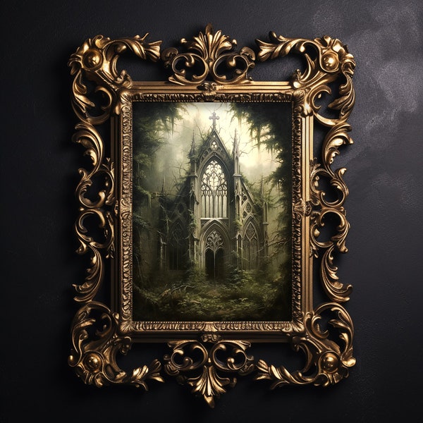 Abandoned castle ivy fern print, dark academia printable, botanical сastle сottagecore decor, gothic painting, aesthetic poster
