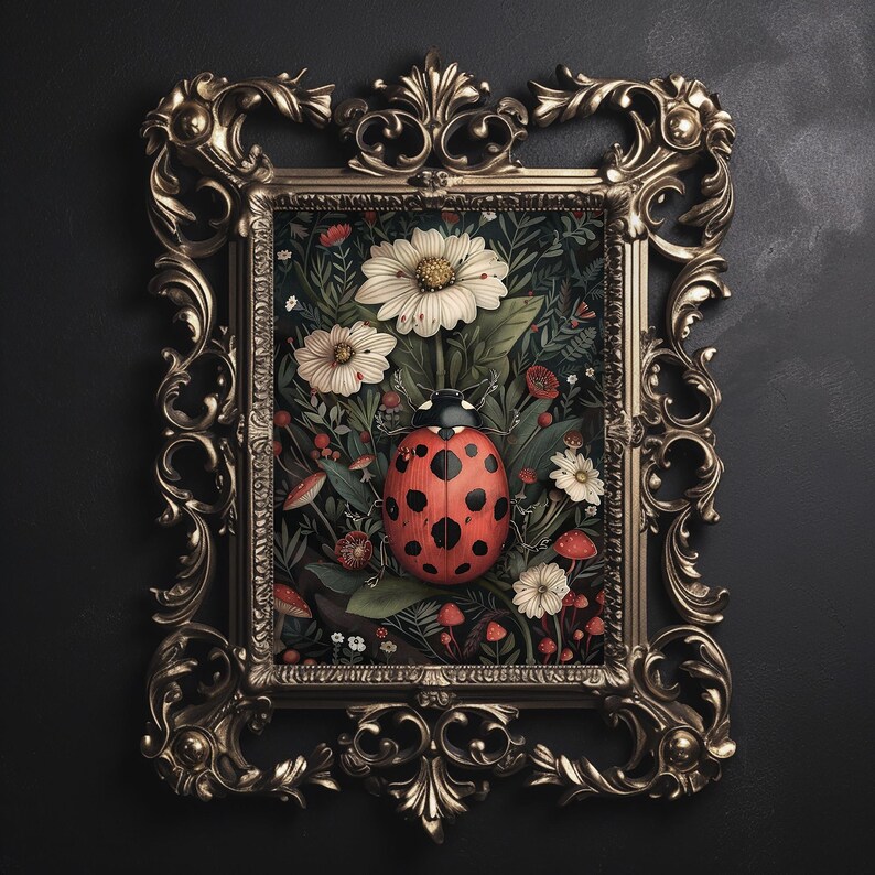 Op de afbeelding: Een ingelijste illustratie van een lieveheersbeestje op een bed van bloemen en paddenstoelen. Het lieveheersbeestje is rood met zwarte stippen en is omringd door witte, roze en gele bloemen. De lijst is versierd en goudkleurig.