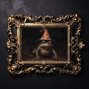 Pintura vintage de rana de Halloween, impresión de academia oscura de sapo de Halloween, decoración de granja, cartel vintage, imprimible rústico, cartel de otoño