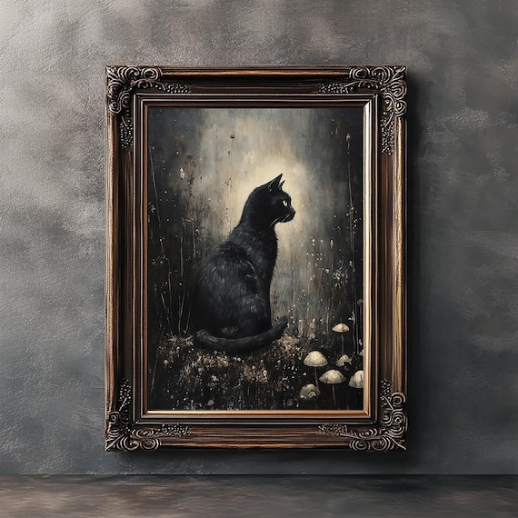 黒猫のプリント、ムーディーな猫のビンテージポスター、ダーク