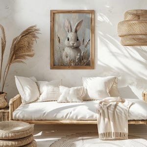May include: A framed painting of a white rabbit with brown eyes, surrounded by flowers and grasses. The painting is hanging on a white wall above a white couch with pillows and a throw blanket.