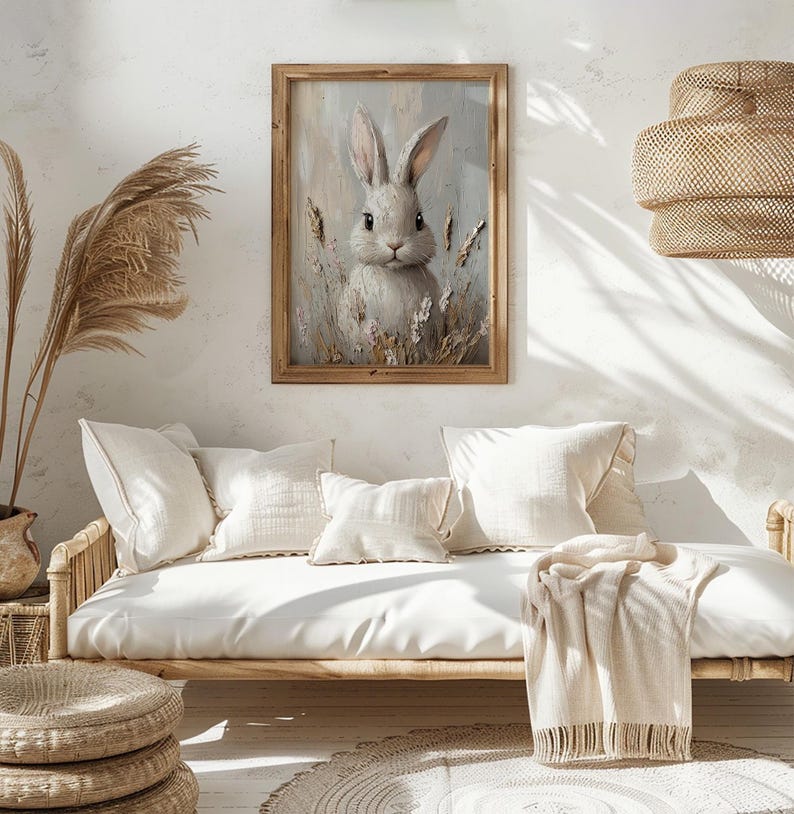 May include: A framed painting of a white rabbit with brown eyes, surrounded by flowers and grasses. The painting is hanging on a white wall above a white couch with pillows and a throw blanket.