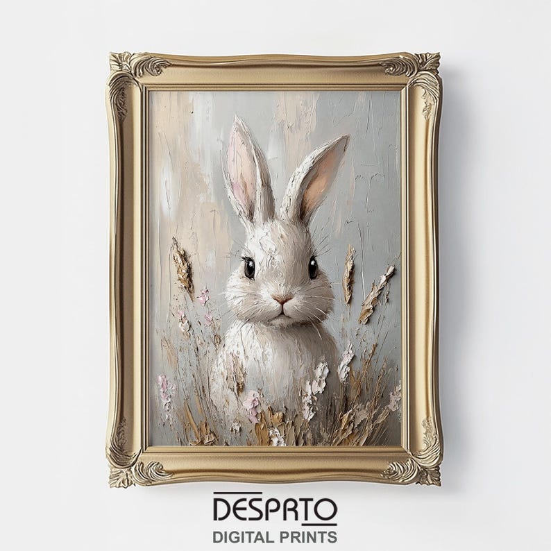 May include: A framed painting of a white rabbit with soft, fluffy fur, surrounded by delicate flowers and grasses. The rabbit has large, dark eyes and a sweet expression. The painting is set against a light blue background with subtle brushstrokes.