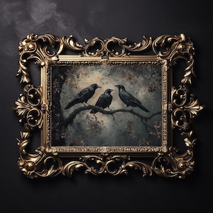 Three crows in a tree a dark forest wall print, forestcore dark academia, cottagecore printable, raven bookish wall art, gothic oil painting