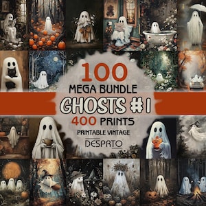 May include: A digital collection of 100 printable vintage ghost images featuring 400 total prints. The graphic displays various scenes of white ghosts in settings like forests, bathrooms, and with pumpkins, labeled 100 MEGA BUNDLE GHOSTS #1.