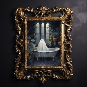 Ghost takes a bath tub, ghost bathtub portrait print, dark academia, halloween printable, fall spooky decor, vintage poster, gothic painting