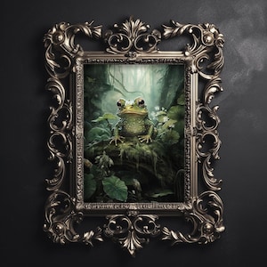 Laubfrosch im grünen Zauberwald Druck, botanische Wald Malerei, Frosch Wandbild, Waldkern Dekor, Cottagecore druckbar