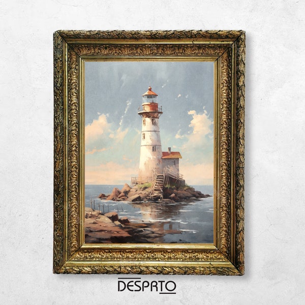 Abandoned lighthouse print, seascape printable, sea сottagecore decor, nautical wall art painting, coastal & ocean aesthetic poster