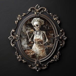 Skeleton in kitchen print, victorian kitchen  skeleton portrait,  dark academia, skull spooky decor, vintage poster, gothic oil painting
