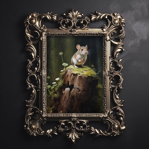 Waldmaus auf Baumstumpf, Waldmausbild, Waldmausbild, Waldmausbild, Waldkerndekor, digitaler Cottagecore Druck