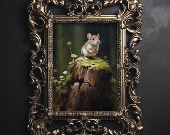 Poster mit Maus auf Baumstumpf, Dark Academia Cottagecore Dekor (Digitaler Download)