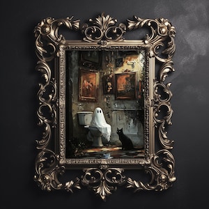 Ghost with black cat on toilet print, dark academia, whimsical ghost bathroom portrait halloween printable vintage poster gothic painting