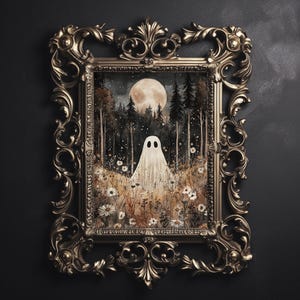 Geist im Wald Feld mit Blume, gruselige Halloween Dekoration, Cottagecore gruselige Dekoration, Halloween Vintage Poster, gothic Gemälde, eindringlicher Geist