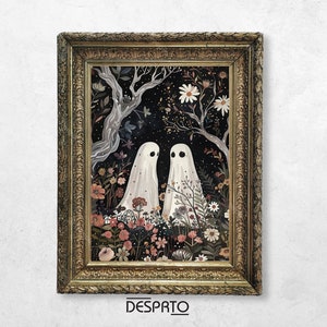 May include: A framed illustration of two white ghosts standing in a garden with flowers and foliage. The background is a dark blue with stars. The frame is gold.