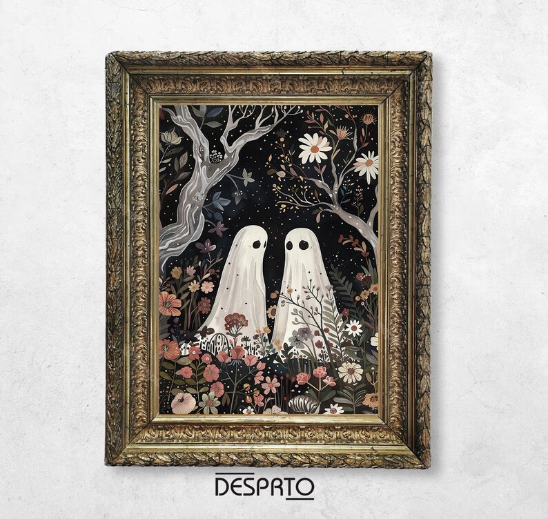 May include: A framed illustration of two white ghosts standing in a garden with flowers and foliage. The background is a dark blue with stars. The frame is gold.