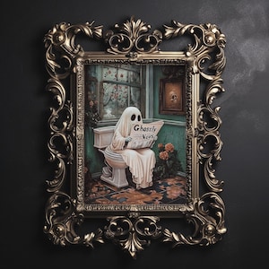 Ghost reading newspaper on toilet print, dark academia, whimsical ghost bathroom portrait halloween printable vintage poster gothic painting