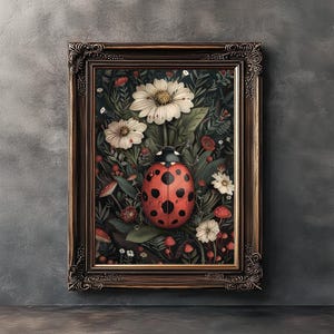 Op de afbeelding: Een ingelijste illustratie van een rood-zwarte lieveheersbeestje omringd door witte bloemen en groene bladeren. De achtergrond is donkergroen.