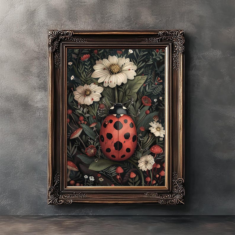 Op de afbeelding: Een ingelijste illustratie van een rood-zwarte lieveheersbeestje omringd door witte bloemen en groene bladeren. De achtergrond is donkergroen.