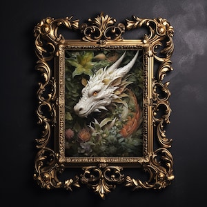 Drachen Print, Goblinkern Dekor, makaberer Wanddruck, mystisches Blumendekor, mystisches Dekor, Cottagecore Dekor, dunkelgrün, Feenkern