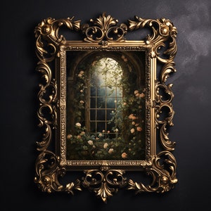 Gewächshaus Blume Fenster innen Druck, Farn dunkel Academia druckbar, Blume Cottagecore Dekor, gothic Ölgemälde, grünes Vintage Plakat