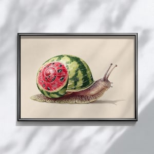 Watermelon Snail Art Print – Whimsical Surreal Animal Illustration, Printable Cute Fantasy Creature, Fruit Shell Snail, Digital Wall Decor