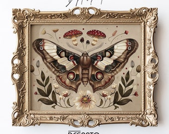May include: A digital print of a moth with brown, white, and red wings, surrounded by flowers and mushrooms. The print is framed in a gold ornate frame and has the text "DESPRTO" at the bottom.