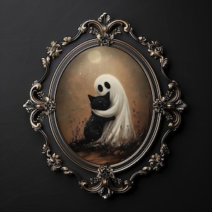 Süßer Geist umarmt schwarze Katze Druck, Halloween Cottagecore Dekor, Geist Vintage Wand Kunst Poster, dunkle Academia druckbare Dekor